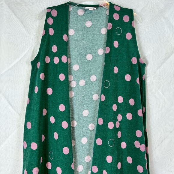 LuLaroe Women’s Joy Long Cardigan Duster Vest Size XS Green Pink Polka Dots - Picture 2 of 8
